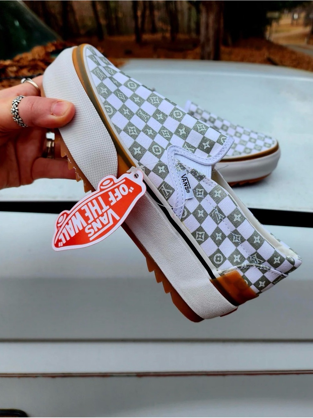 Custom Vans Slip-On Platform Sneakers - White & Olive Green Checkerboard